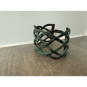 Vintage Patina Brass Turquoise Cuff Bracelet Wide Open Lattice Tribal Boho